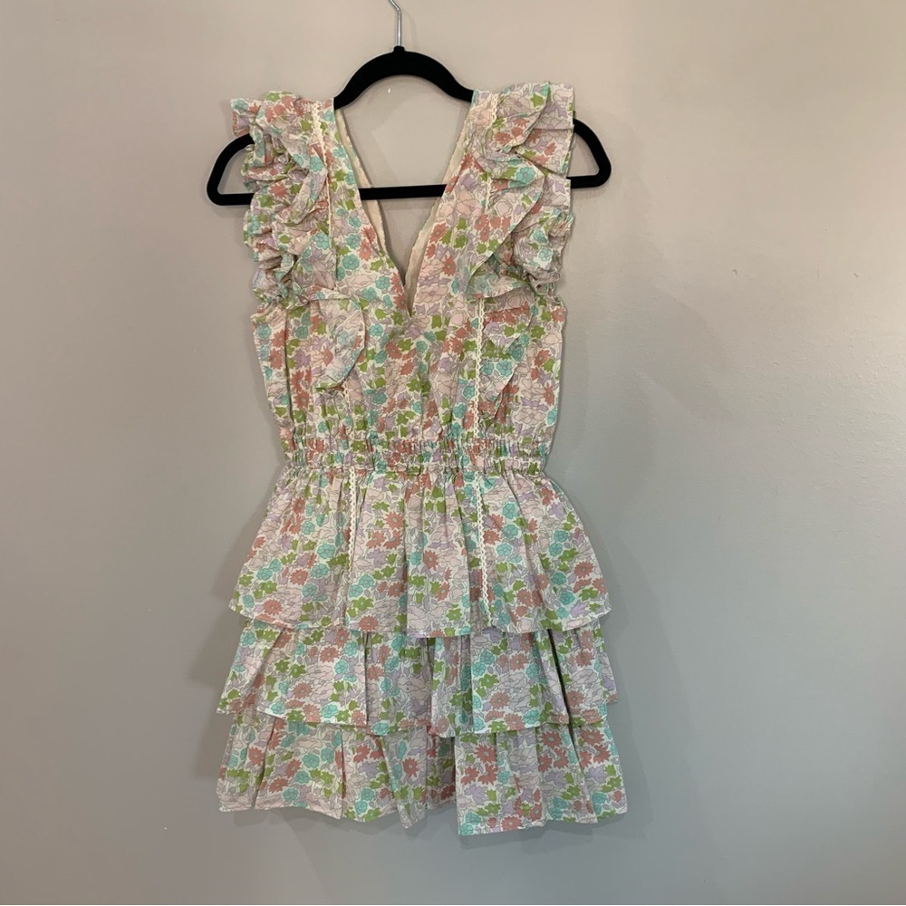 ✅ Anthropologie Love the Label Dress Ines Tiered Ruffle Mini Ivory Pink Floral - Picture 8 of 9